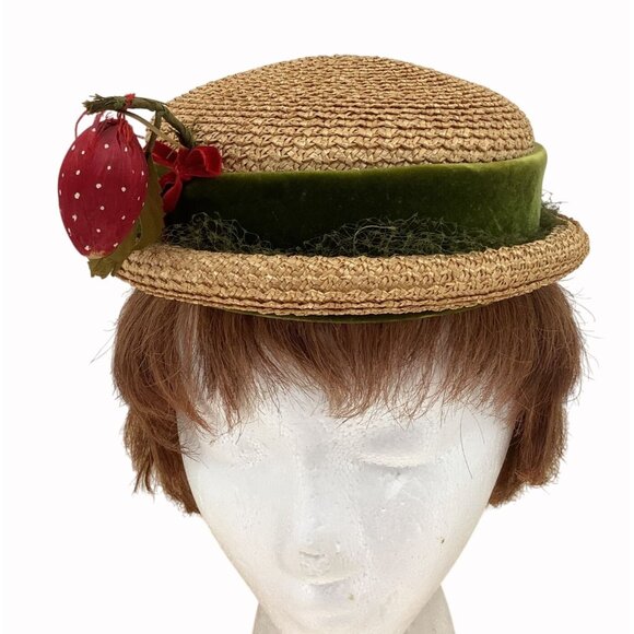 Vintage 60s Alfreda Inc Straw Boater Hat With Green Velvet Band & Red Strawberry - Picture 4 of 11